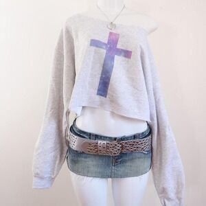 2010s galaxy cross cropped sweatshirt one shoulder grunge L